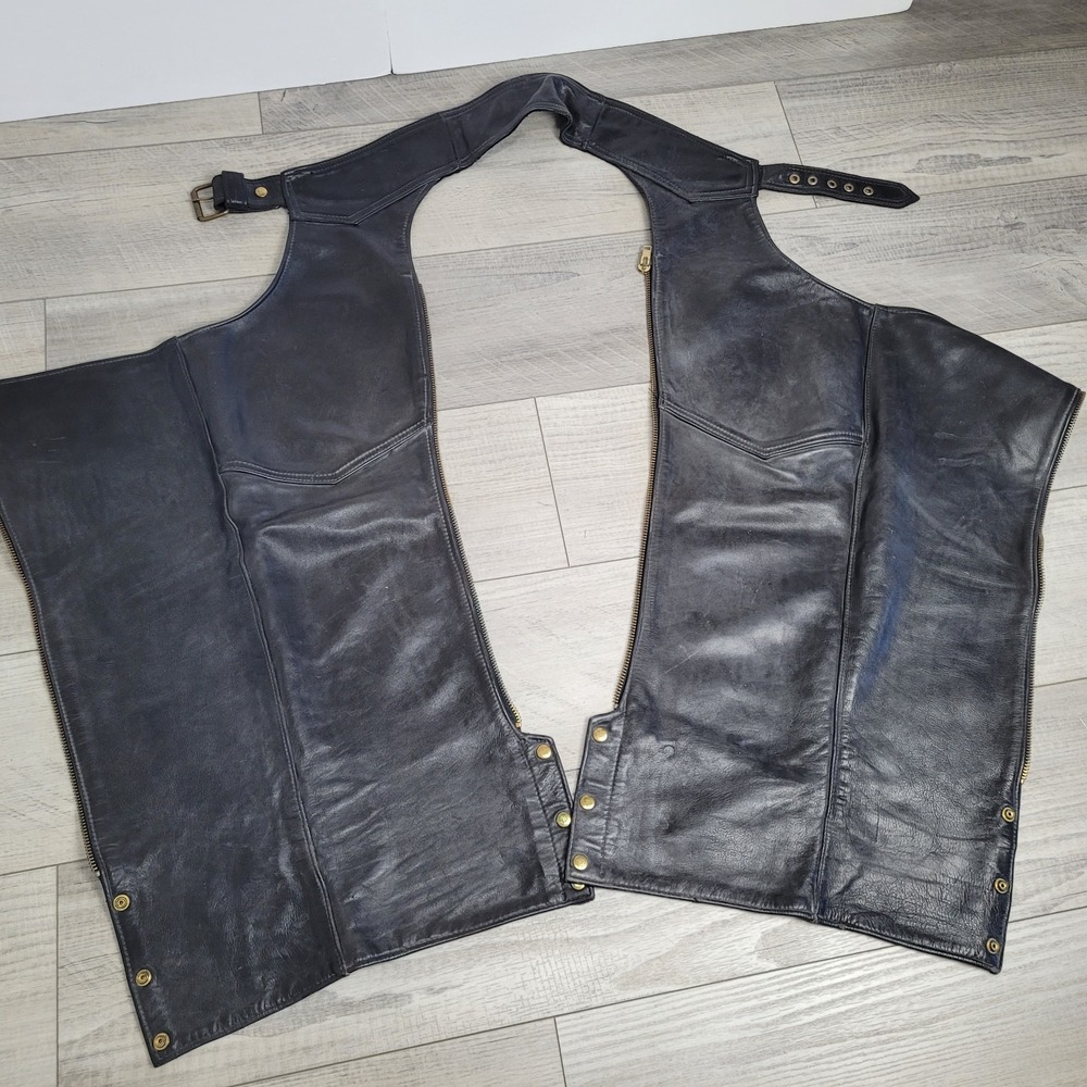 ποΈ Vintage USA Black Biker Leather Chapsβ Snaps/Zippers Unisex Medium Moto - Picture 14 of 16